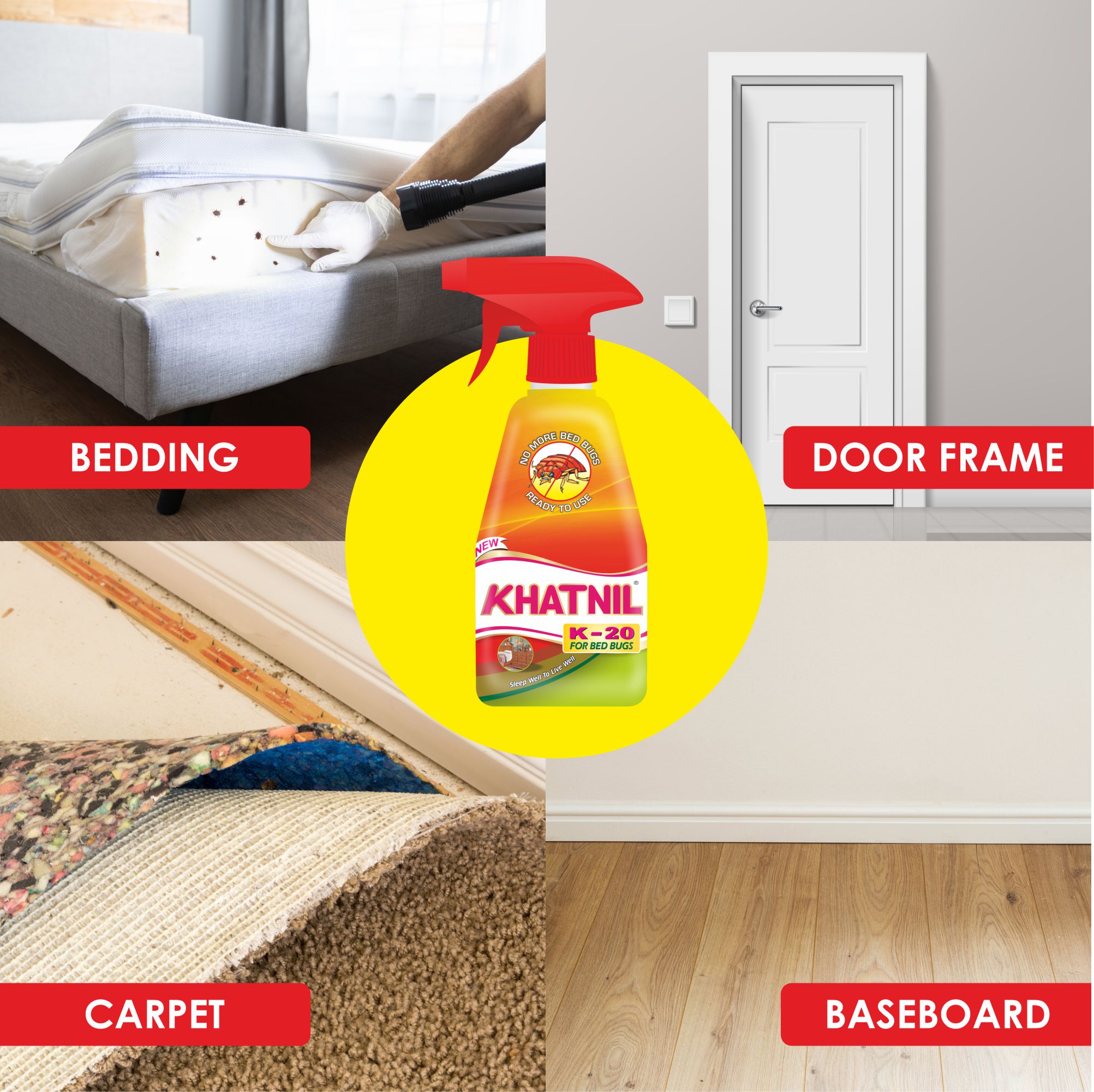Khatnil K-20 Effective bed bug killer in India Khatnil k-20 sprayed in bed, door frame, carpet, baseboard